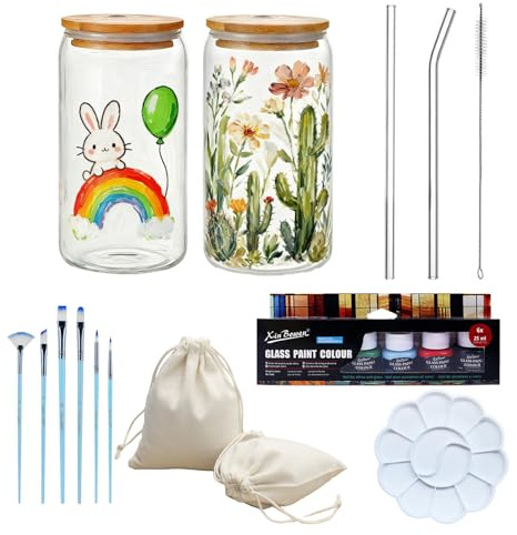 NIYATA Tassen Bemalen Set, DIY Set Erwachsene mit 2x 500ml Trinkglas mit Strohhalm und Deckel, Matcha & Eiskaffee Gläser zum Bemalen mit 6 Farben, Pinsel & Palette, Geschenkset