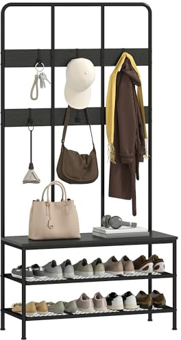 HOMCOM Garderobenständer, Kleiderständer mit Schuhbank, Garderobe mit 6 Haken, Jackenständer für Eingangsbereich, Flur, Schlafzimmer, Schwarz, 91 x 36 x 180 cm