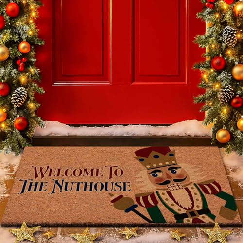 Lanpn Christmas Welcome Natural Coir Door Mat, Nutcracker Coco Front Door Outdoor Doormat Outside Entrance Porch Non Slip Rubber Rug Winter Xmas Farmhouse Decor (Brown, 42x75cm)