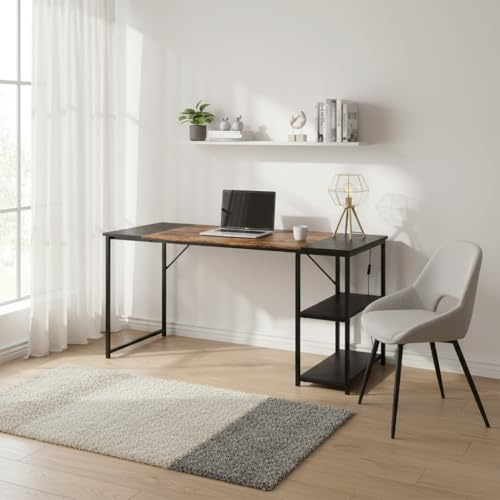 FurnitureR Zeichentisch, 140 x 60 cm, zweifarbige Tischplatte in Retro, Braun und Schwarz, 2 seitliche Regale, höhenverstellbar, Struktur aus Metall, ideal für Künstler, Studenten oder kreatives Büro