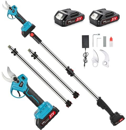 Sécateur électrique sans fil 35mm, perche télescopique 2,6 m, 2x2,0Ah, LCD | Perche alu 2,6 m; coupe 25/35 mm; tête 180°; écran LCD + 2x2,0Ah; taille arbres, vigne, haies