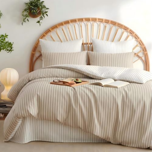 Freyamy Bettwäsche 135x200 4teilig Baumwolle Khaki Gestreifte BettwäscheSet | Bettwäsche für Allergiker, Aesthetic Bettwäsche Gestreift, ÖKO-TEX 2 Bettbezug mit Reißverschluss und 2 Kissenbezug 80x80cm