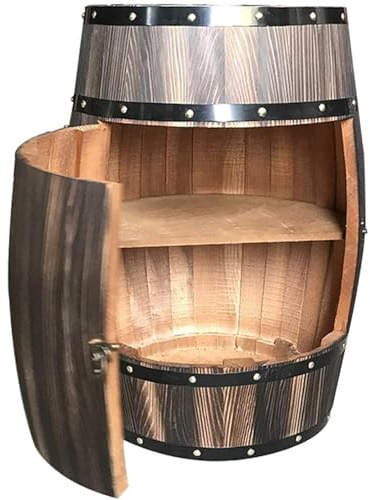 Whiskyfass Beistelltisch aus Massivholz mit Tür, Rustikaler Weinfass-Schrank Eiche, 2 Ebenen Stauraum, Industrieller Bartisch für Home Bar & Weinkeller, Komplett Montiert(B,50L)