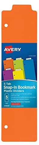 Avery Snap-in Bookmark Plastic Dividers for 3 Ring Binders, 5-Tab Set, Multicolor with White Labels, 1 Set (24908)
