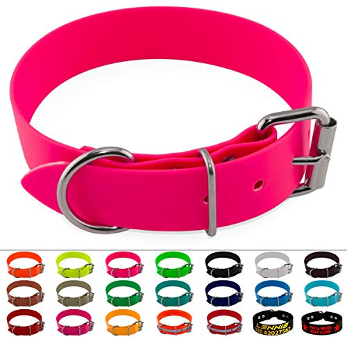 LENNIE BioThane Halsband, Edelstahl-Rollschnalle, 38 mm breit, Größe 45-55 cm, Neon-Pink, Aufdruck möglich