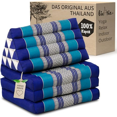 livasia Thaikissen mit 3 Auflagen - 175x50x8cm - Dreieckskissen mit Klappmatratze, Keilkissen Kapok, Rückenkissen faltbar, Thaimatte zum Klappen, handgefertigt, Meditationskissen (Blau)