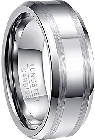 NUNCAD Herren Damen Partner Ring aus Wolfram mit 2 Gebürsteten Streifen Silber 8mm für Hochzeit Verlobung Jahrestag Valentinstag Größe 61