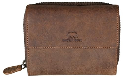 BROWN BEAR Geldbörse Damen Leder Vintage Braun RFID-Schutz mit Münzfach - Echtleder Portemonnaie groß viele Fächer - Business Geldbeutel mit Überschlag Reißverschluss & 12 Kartenfächer - BB Mandy BR