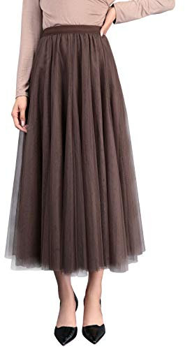 Edler Tüllrock Maxirock A Linie Elastischer Hoher Bund Großer Saum Cool Prinzessin Langer Rock für Damen Mädchen - Einfarbig Dunkelbraun