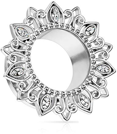 beyoutifulthings Ohr-Tunnel Blume Zirkonia Silber Clear Ohr-Piercing Edelstahl Ohr-Schmuck Screw Fit Flesh Plug Schraub-Verschluss 10mm