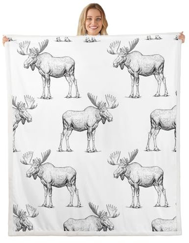 Feelyou Elch Fleecedecke Wildtier Thema Sherpa Decke für Stuhl Sofa Couch Cartoon Elch Plüsch Überwurf Decke Atmungsaktiv Grau Wildlife Style Fuzzy Decke Raumdekor Queen 228,6 x 228,6 cm
