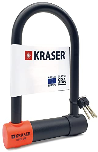 KRASER KR120M Robusto Candado Moto U Bloqueo Rueda, Homologado SRA, Alta Seguridad Testada, Arco 120x220mm ø18mm Doble Cierre, Cerradura Antiganzua, Antirrobo U Lock para Scooter, Bici Eléctrica