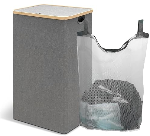 Jeffly Cesto Portabiancheria Sporca moderno con Coperchio, Sacca Rimovibile e Maniglie - 33x44x65cm, 100 Litri - Cesta Porta Biancheria per Bagno XL in Bambù