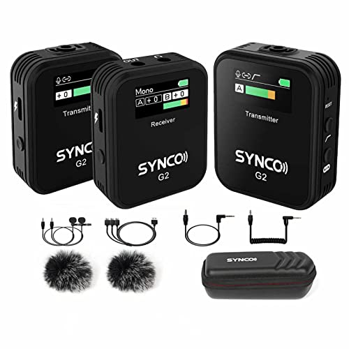 SYNCO G2(A2) 1-Trigger-2 Sistema microfonico wireless 2.4G 150 m di raggio di trasmissione Schermo TFT Spina da 3,5 mm per smartphone Fotocamera Videocamera Vlog Live Streaming