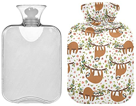 Tropische Lustige Faultier Blumen 2 Liter Wärmflasche mit Bezug, Transparente Wärmflasche für Nacken und Schulter Schmerzlinderung Handfüße Wärmetherapie