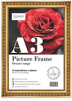 Almost Frameless A3 Gold Ornate Picture Frame Fits A3 (29.7 x 42cm - 11.7 x 16.5in) Poster, Photo, Artwork, or Print. Shabby Chic Style Portrait and Landscape Display with Wall Hooks