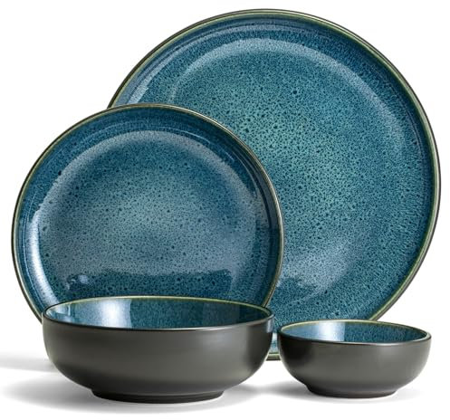 Sango Resona 16-teiliges Geschirrset aus Steingut, Set für 4 Personen, Teller und Schüsseln, zartes blaues Interieur, mikrowellen- und spülmaschinenfest, für den täglichen Gebrauch und Unterhaltung