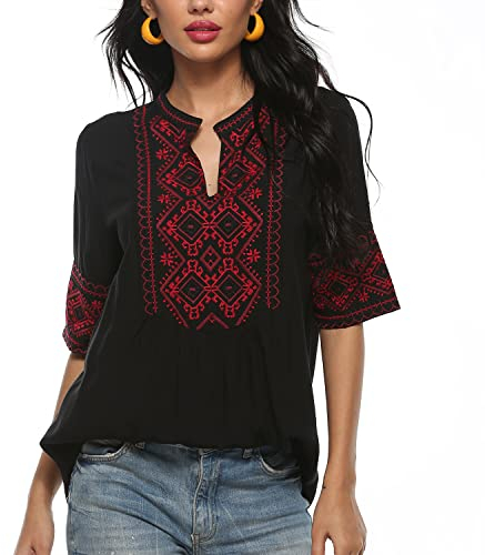 Seasonal Ukraine Bluse Sommer Damen Tunika Bohemian Stickerei Folklore Tops Boho Hippie Kurzarm Lose Oberteil (073-Schwarz,L)