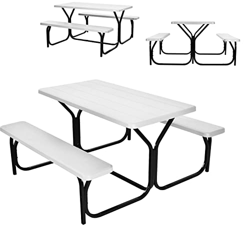 GYMAX Bierzeltgarnitur 3-teilig Gartenmöbel-Set 2 Bierbänke & Biertisch Picknicktisch Gartentisch Sitzgarnitur Gartengarnitur Camping 150 x 137 x 72 cm (Weiß)
