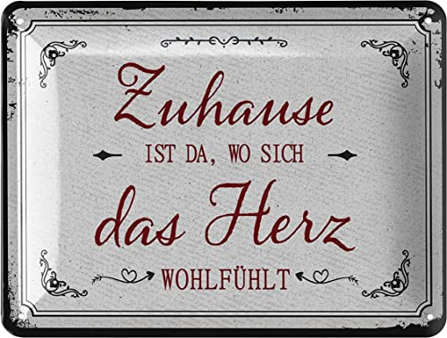 LANOLU Retro Blechschild ZUHAUSE ist, wo das Herz sich wohlfühlt, Geschenk zum Einzug, Richtfest Geschenk, Metallschilder Familienregeln Holzschild Optik, Schilder mit Sprüchen gewölbt 15x20cm