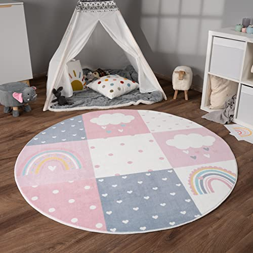 Paco Home Teppich Kinderzimmer Kinderteppich Spielteppich Kurzflor rutschfest Krone Herzen Punkte Sonne Regenbogen Buchstaben, Grösse:160 cm Rund, Farbe:Grau-Rosa