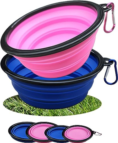 Collapsible Travel Dog Bowl Portable Large Or Small Pet Water and Food Feeding Bowl Outdoor Easy To Carry With Hook Blue or Pink (Pink & Blue Large)