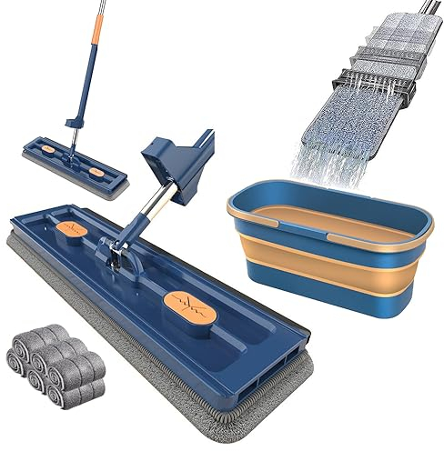 Starnearby Wischmopp Set Mit Eimer, 2023 Neu Großer Flach Mopp Bodenwischer, Wischmopp mit Auswringfunktion, 360° Drehgelenk Großer Flachmop mit Putzeimer (Weiß + 6 Pads + 1 Moppeimer)