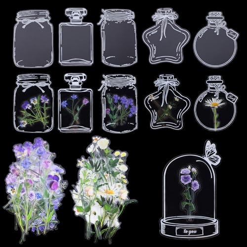 Transparente Lesezeichen Getrocknete Blumen 120 Stück Lesezeichen Kinder Glaswaren Aufkleber Bookmark DIY Lesezeichen Glasflasche Wunschflasche Aufkleber Trockenblumen Lesezeichen