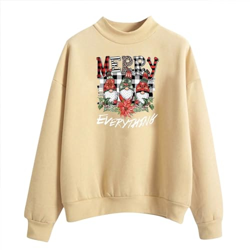HZMM Turnanzug Mädchen Langarm Samt Sweatshirts für Damen, lässig, weihnachtlich bedrucktes Oberteil, Rundhalsausschnitt, langärmelig, süße Tunika-Oberteile, locker sitzende Pullover (Beige, L)