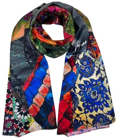 Genérico Foulard en soie pour femme et homme imprimé à carreaux 2 peintures célèbres élégant léger 170 x 63 cm., Rouge-multicolore, M