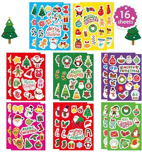 WchoeSS 16 Sheet Christmas Stickers for Kids, Self Adhesive Cartoon Stickers for Decorations, Stocking Fillers, Party Bag Fillers, Party Favor Cards, Crafts, Christmas Activity Packs