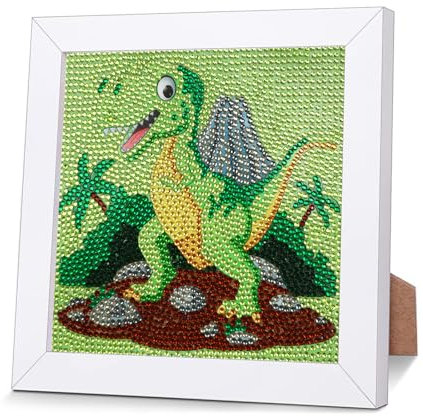 ROYUEXT Dimond Painting Dinosaurier, 5D Dimond Painting Bilder mit Holzrahmen DIY Set, Mosaik Diamant Painting Bastellgeschenk 18×18cm
