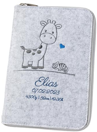 U-Heft Hülle 'Giraffe & Chamäleon' DIN A5 aus Filz (Farbe & Stickerei wählbar) - Hülle für Kinderuntersuchungsheft & Impfpass - Organizer - Geschenk für werdende Mütter & Baby