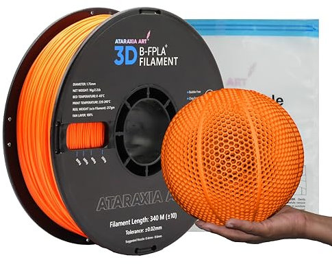 Ataraxia Art Bouncy Orange B-Flexible PLA-Filament, 1,75 mm, sportliches flexibles 3D-Drucker-Filament, 5 x längere Dehnung, 1 kg ordentliche Spule, Patentformel, passend für FDM 3D-Schnelldrucker