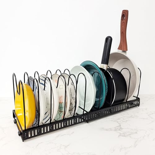 TONOMO Porta Coperchi Pentole, Organizer Padelle con 10 Scomparti Regolabili, Supporto per Coperchio in Metallo, Portacoperchi Allungabile, Porta Padelle Salvaspazio, Contenitore da Cucina(Nero)