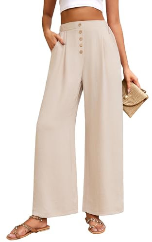 heekpek Pantalon Large pour Femmes Pantalon Fluide Pantalon de Détente Léger pour Femmes Pantalon d'été Palazzo à Taille Haute avec Boutons Pantalon Causal à Taille élastiquée, Blanc, L