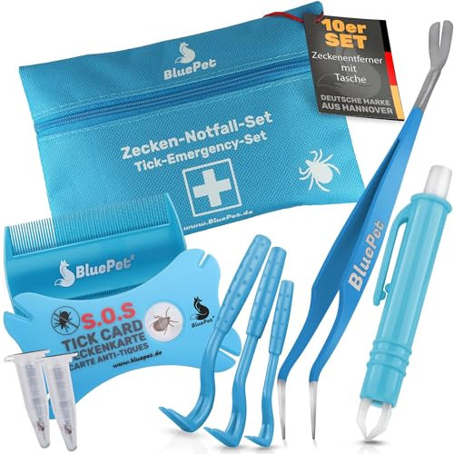 BluePet 10er Set mit Tasche Zeckenentferner für Hunde, Katze, Pferd & Mensch mit Zeckenzange, Zeckenhebel, Zeckenpinzette, Zeckenkarte I Alternative zu Zeckenschutz, Zeckenmittel