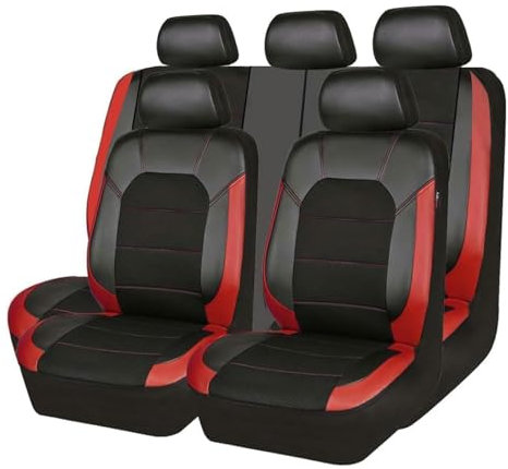 MaKeMoney 9 Stück Auto Sitzbezüge FüR Fo-rd C-Max 2010-2015, Leder Sitzschoner Schonbezug Wasserdichter Sitzbezug-Sets Zubehör, E/Black Red