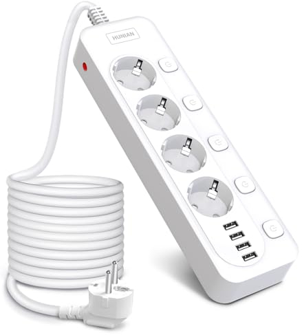 Steckdosenleiste 4 USB Mehrfachsteckdose mit Schalter, HUNIAN 4 Fach Steckerleiste Überspannungsschutz (4000W/16A), Einzeln Schaltbar Wandmontage Steckdosen Kindersicherung, 3 m Kabel