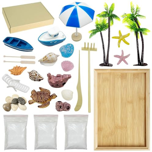 Woohome Mini Zen Garden Kit, Mini Zen Sand Garden Kit, Ocean Beach Sandbox Decorations Zen Decor Kit with White Sand, Mini Boats, Shells, Rocks for Home Office Desktop Decor