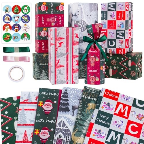 Zindoo Geschenkpapier Weihnachten, 6 Blatt Klassisches Weihnachtsmuster Designs 50x70cm Geschenkpapier mit Aufkleber, Rosa und Grün Bänder, Geschenke zur Weihnachts und Adventszeit zu Verpacken