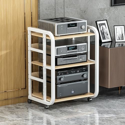 Audio-Rack Medienregal Beistelltisch Plattenspieler Schallplattenständer Multifunktionales Ablageregal Stabiler Metallrahmen mit Universalrädern für Wohnzimmer und Aufnahmestudio.(Wit,50.1x42.5x70cm)