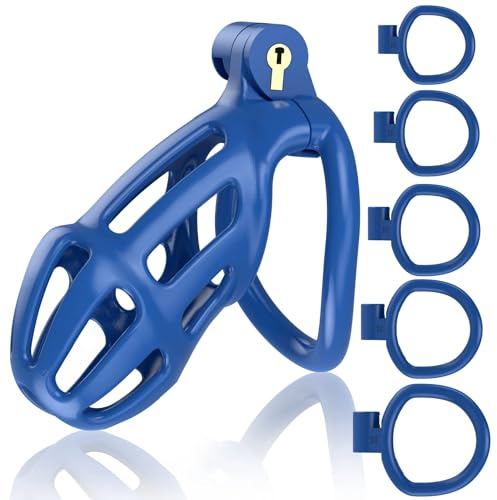 Male Chastity Devices Cock Cage, Bondage Chasity Cage for Men Penis Erection Control, 3D Printing Male Chastity Lightweight with 5 Sizes Ball Rings, Adult Sex Toys for Men, Blue