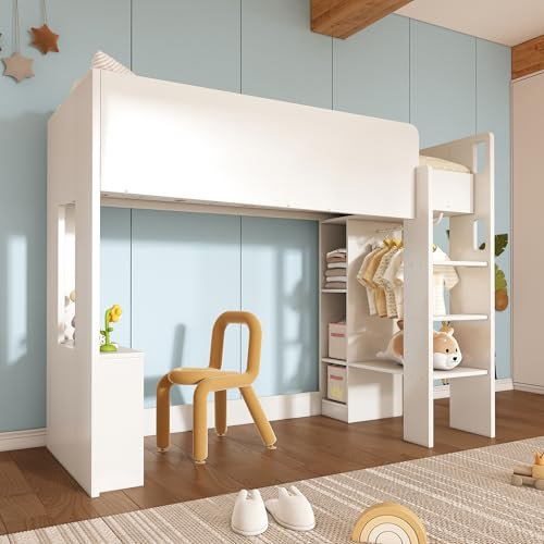buiesjole Hochbett 90x200 cm, 3-in-1 Holzbett mit Aufbewahrung, Kleiderschrank, offenen Regalen und Treppe, weiß, vielseitig für Kinderzimmer