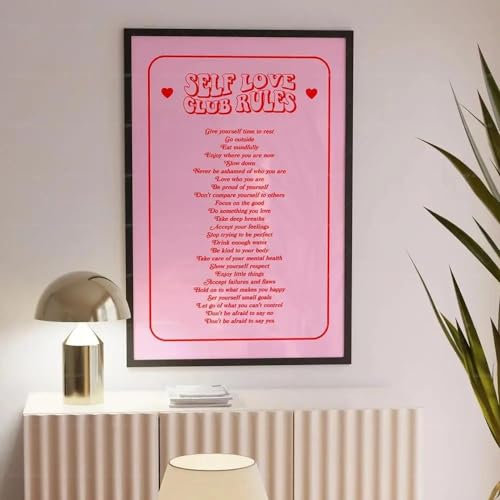 Moderne Motivierende Zitate „Self Love Club Rules“ – Rosa – Tägliche Affirmationen – Kunstdruck Auf Wand, Bilder Für Preppy-Zimmer, Wohnheim, Heimdekoration, A1 21X30Cm Kein Rahmen