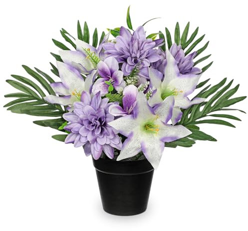 Hollyone Fiori artificiali in seta da 35 cm, per tombe, dalie e gigli viola in vaso nero, composizioni floreali funebri per cimitero, servizio commemorativo