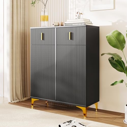 Eleganter Sideboard/Schuhschrank mit Strukturpaneelen, verstellbaren Einlegeböden und vergoldeten Verzierungen, mit Schubladen (Schwarz)