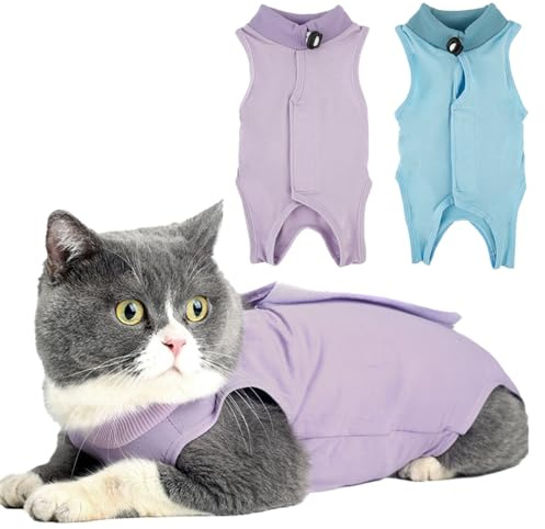 TYXHXTF 2Pcs Katzenbody Nach Op, Erholungsanzug Kleidung, Katzenanzug Nach der Operation Anti-Leck-Anzug, ErholungskragenAlternative für Katzen(M) (Blau+Lila)