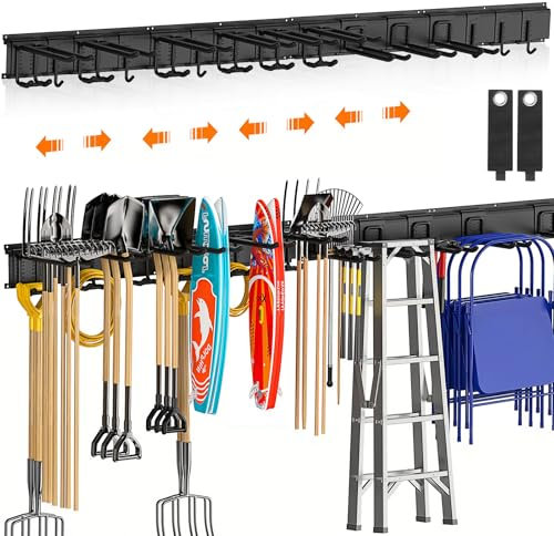Housolution Juego de Ganchos Deslizables de Pared 162,56 cm, Soporte Colgador de Aleación de Aluminio y Acero con 12 Ganchos y 4 Rieles, Organizador para Guardar Herramientas de Garaje Jardín