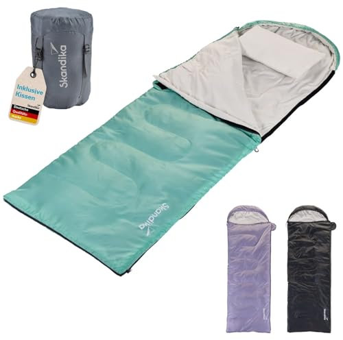 Skandika Deckenschlafsack Skye | Schlafsack 3 Jahreszeiten, mit Kissen, koppelbar, 220 x 75 cm, 250g/m² Mikrofaserfüllung, Innentasche, waschbar | Schlafsäcke Outdoor (Eisblau | RV Links)